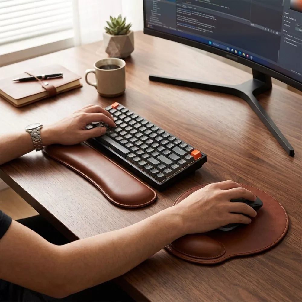 Ergonomic Leather-Look Mouse Pad & Keyboard Wrist Rest 2-Piece Set
